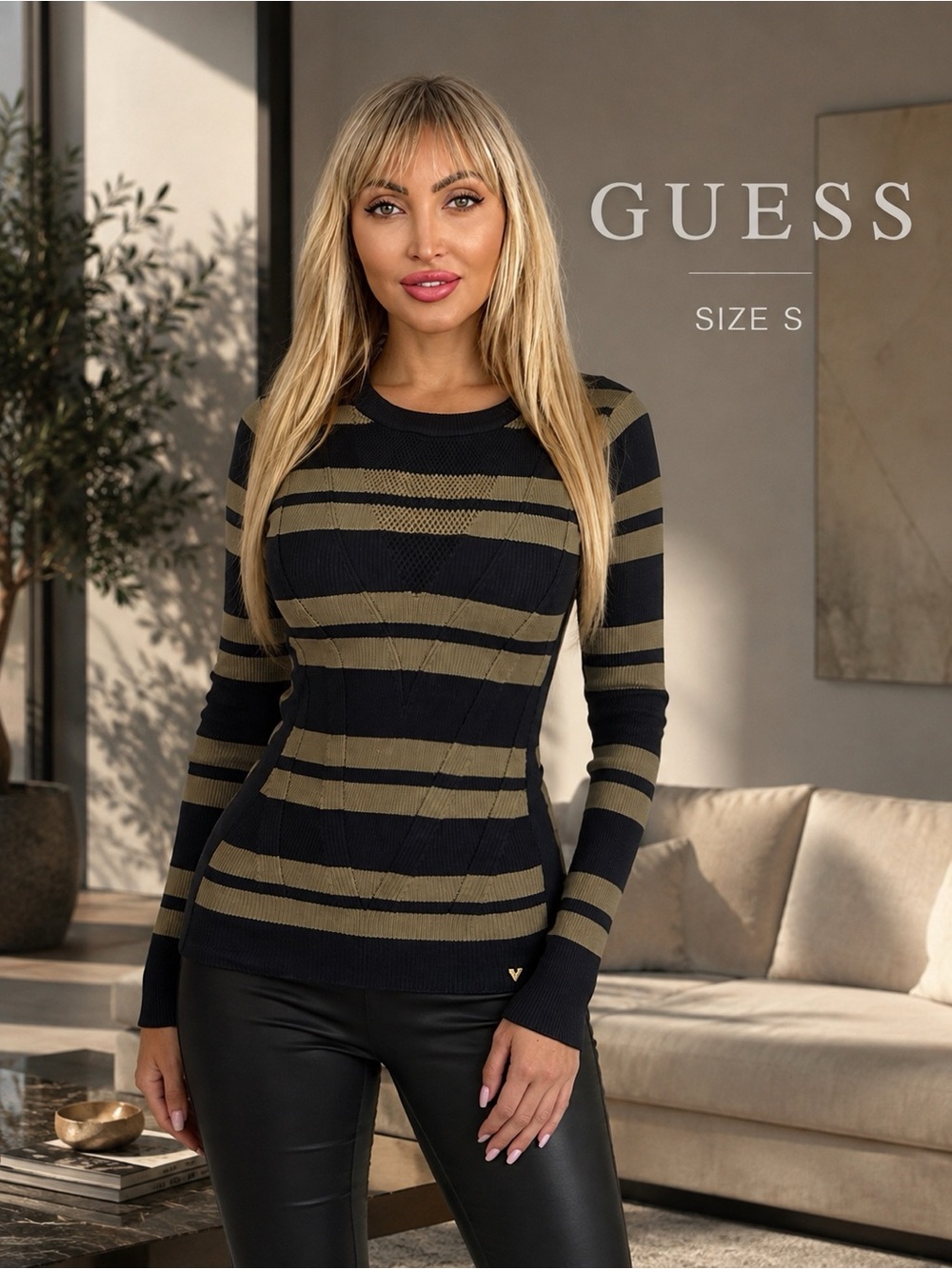 GUESS Black and Olive Striped Crewneck Sweater